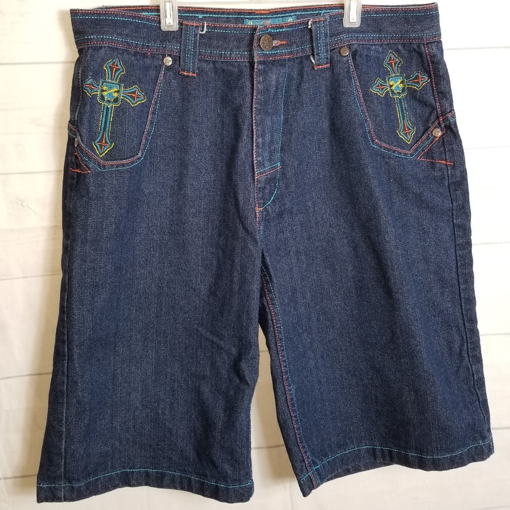 Blue and Orange Graphic Design Denim Shorts